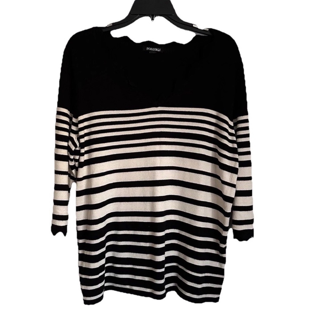 Roz & Ali Knit Top Stripe Scalloped Neck 3/4 Sleeve Sz 1X Office Classic Preppy